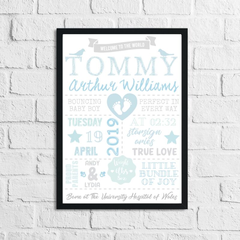 Personalised Baby Boy's Birth Blue Children's Bedroom Room Wall Decor Print