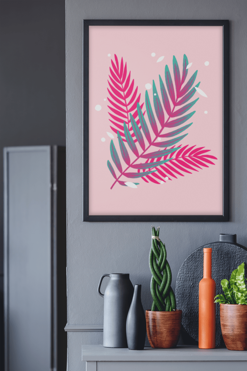 Bright Pink Palm Leaves Minimalist Illustration Home Wall Decor Print