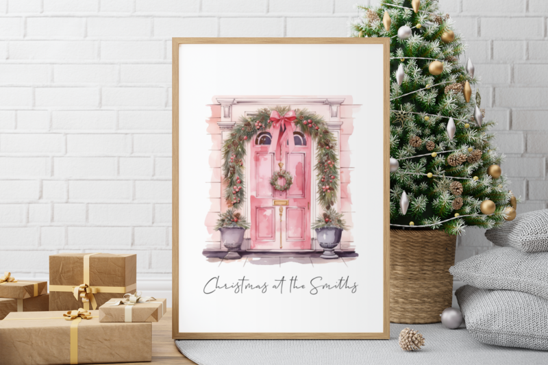 Christmas At Surname Pink Front Door 2023 Winter Christmas Seasonal Wall Home Decor Print