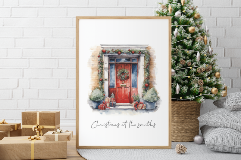 Christmas At Surname Red Front Door 2023 Winter Christmas Seasonal Wall Home Decor Print