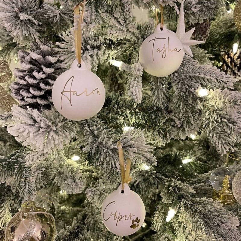 Set Of 3 Personalised Single Name Festive Satin Ribbon Christmas Ceramic White 6cm Baubles - Image 3