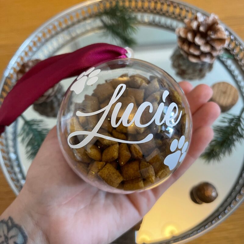 Pet Cat Paw Print Personalised Clear Feather Christmas Tree Hanging Decoration Bauble - Image 4