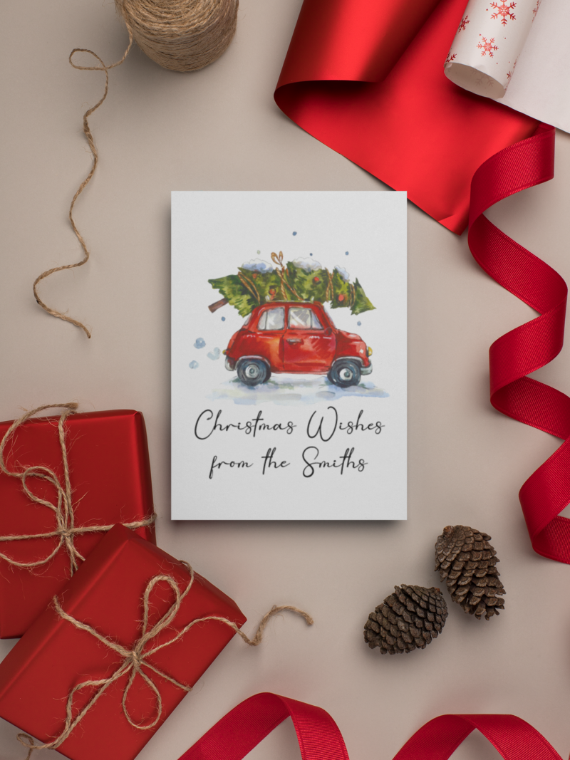 Personalised Christmas Wishes Tree Car From Surname Seasonal Hammered Card & Envelope - Image 2